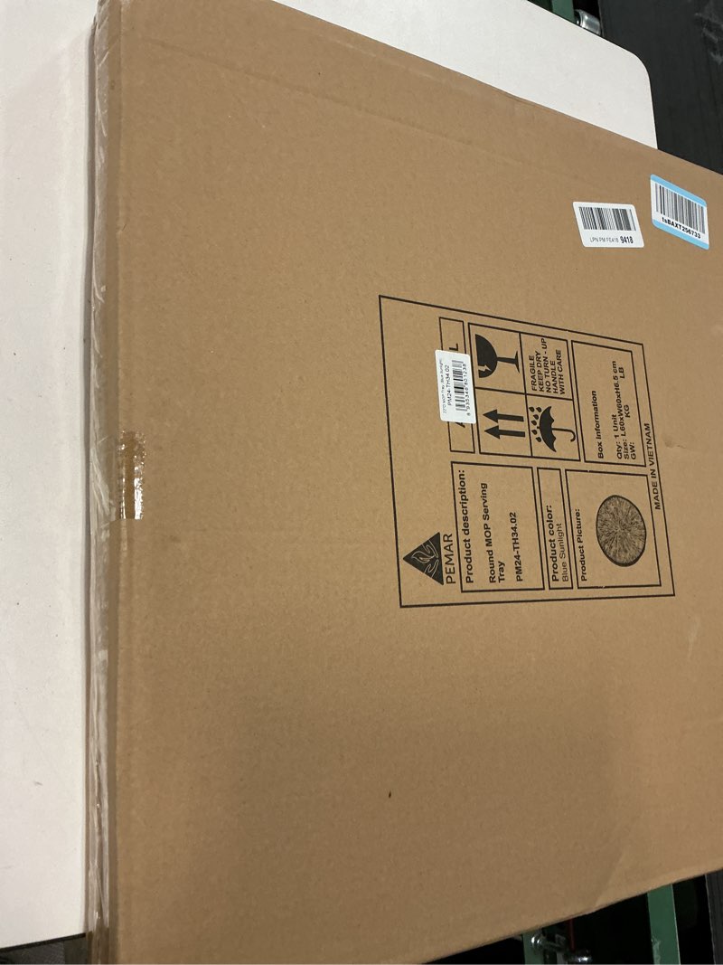 Condition photo showing New/Like New for PEMAR 22\\\\\\\" Round Mother of Pearl Extra Large Ottoman Tray with Raised Edge, Oversized Decorative Luxury Wooden Serving Tray for Food, Coffee Table, Breakfast in Bed (Blue Sunlight)