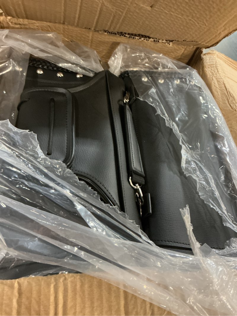 Condition photo showing Good Condition for dream apparel faux leather motorcycle saddle bags studded throw over saddlebags, pvc motorcycle side bags for honda shadow sportster softail dyna v-star (black) black 26l studded & braided