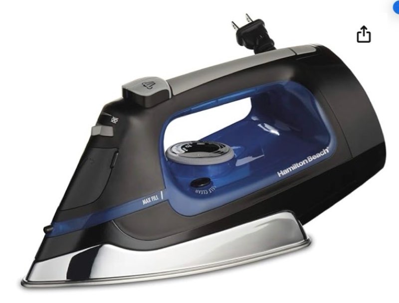 hamilton beach steam iron & vertical steamer with scratch-resistant stainless steel soleplate, 1500 watts, retractable cord, 3-way auto shutoff, self-cleaning, adjustable steam settings, black (14290)