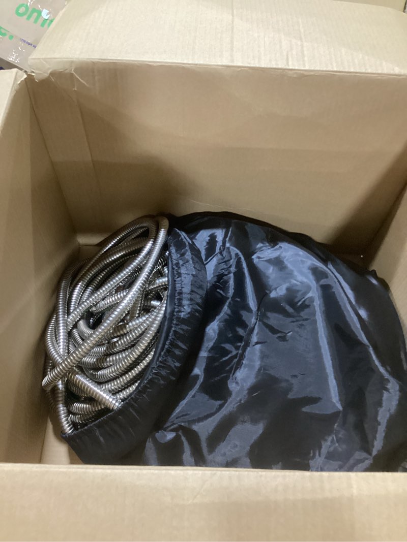 Condition photo showing As Is for 200Ft Metal Garden Hose durable stainless steel Water Hose, flexible, lightweight hose is resistant to kinks and tangles.With 10-way nozzle, strong 3/4” metal fittings, and a Stop Valve. Silver 200ft