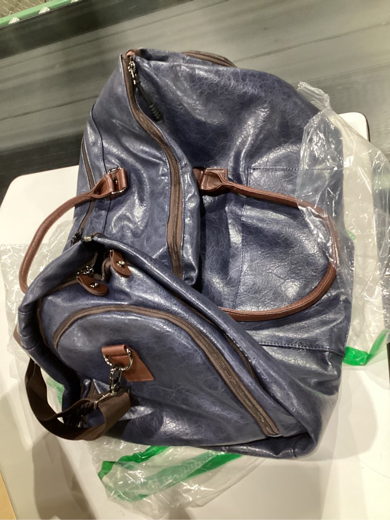 Condition photo showing Good Condition for STOVER Garment Travel Duffle Bag, Large 2-in-1 Convertible Carry-on Luggage for Men & Women- Hanging Suits, Dresses & Clothes + Shoe Compartment- Weekender Tote Combo Duffel (Blue Leatherette) Leatherette - Blue