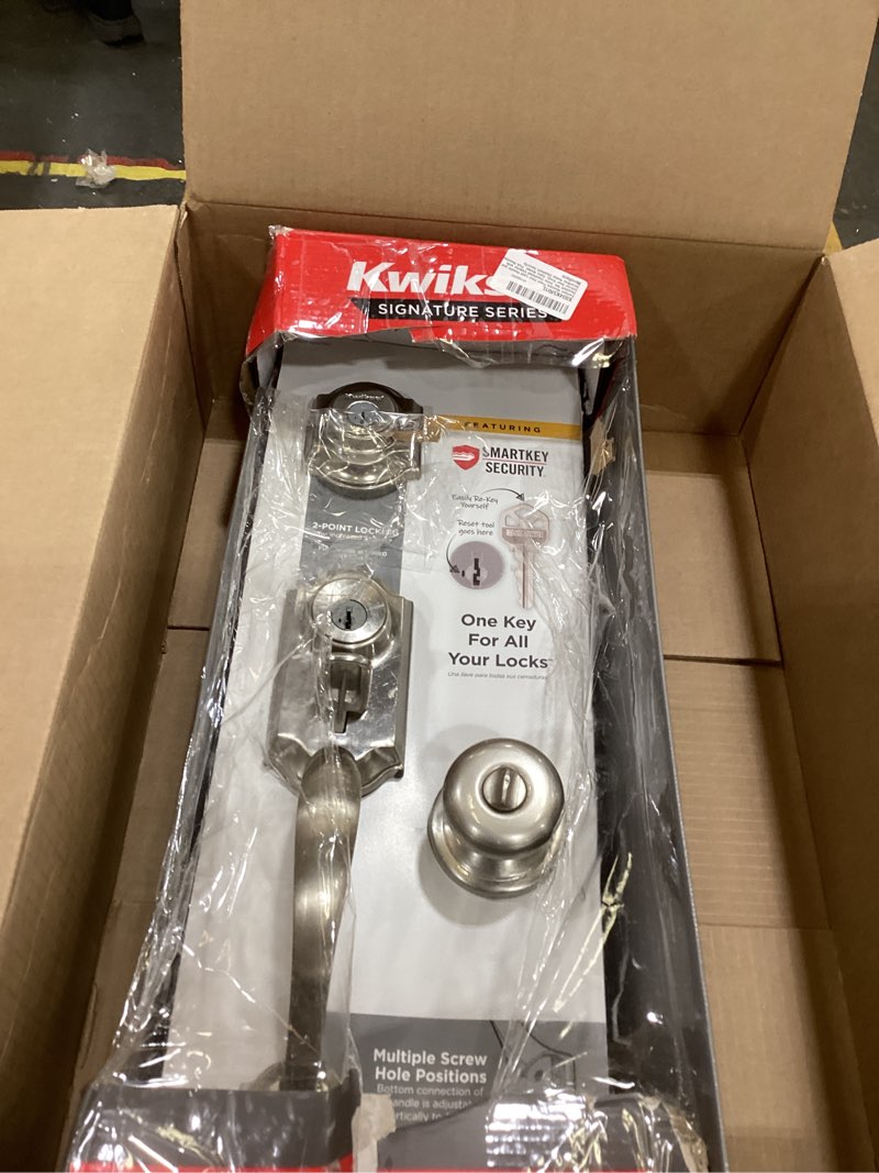 Condition photo showing As Is for kwikset montara front door lock handle and deadbolt set, entry handleset exterior with interior doorknob, satin nickel, pick resistant smartkey rekey deadbolt security, with microban protection