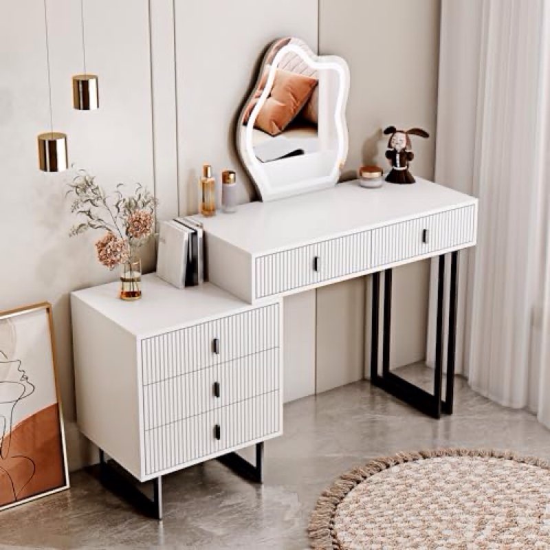 Ieejdn White Vanity Desk with Mirror and Lights,Small Makeup Vanity with 5 Drawers?Modern Makeup Table with Adjustable Cabinet for Bedroom,Makeup Room