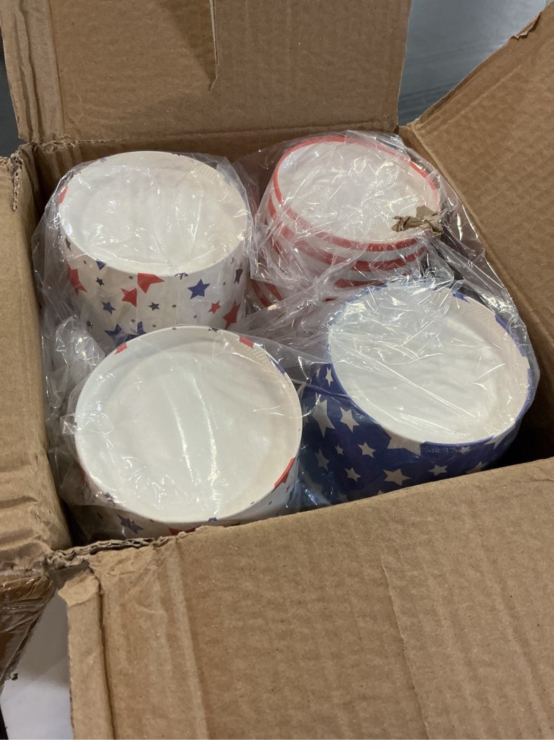 Condition photo showing Good Condition for 120 pcs american flags ice cream cups 12 oz patriotic decorations dessert snack bowls food yogurt cups containers for food soup veterans memorial day patriotic independence memorial day supplies us flag cups-3