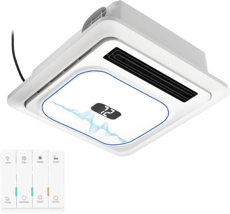 bathroom exhaust fan with heater and light & bluetooth,1800w dual-heat | 230cfm 1.0 sones, bath fan with 3-color adjustable led,5 color temperatures lights,remote control,white ?ceiling mount ?