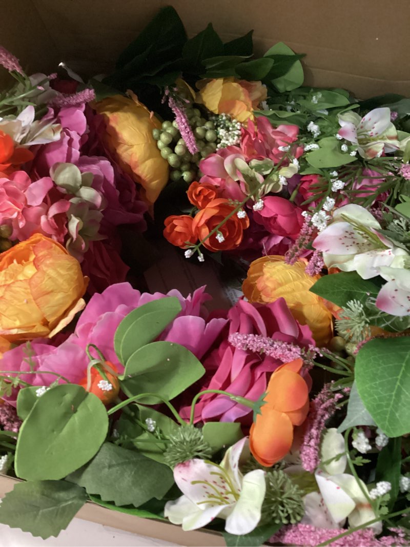 Condition photo showing Good Condition for 24 inch spring wreaths for front door outside,handcrafted garden rose & peony style summer wreath with pink,orange ivory flowers- lush spring door wreath for farmhouse home wall porch window