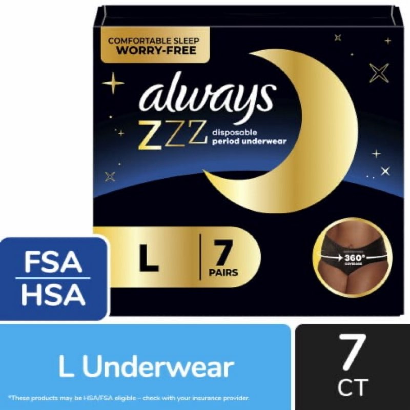 2x - always zzz disposable period underwear overnight absorbency size l/xl 14 count