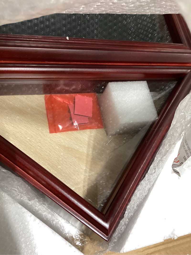 Condition photo showing Good Condition for solid wood flag certificate display case box with hd tempered glass fit small folded 3'x5' american flag(not for 9.5'x5' burial flag), veteran military shadow box felt lining for badge medal, mahogany