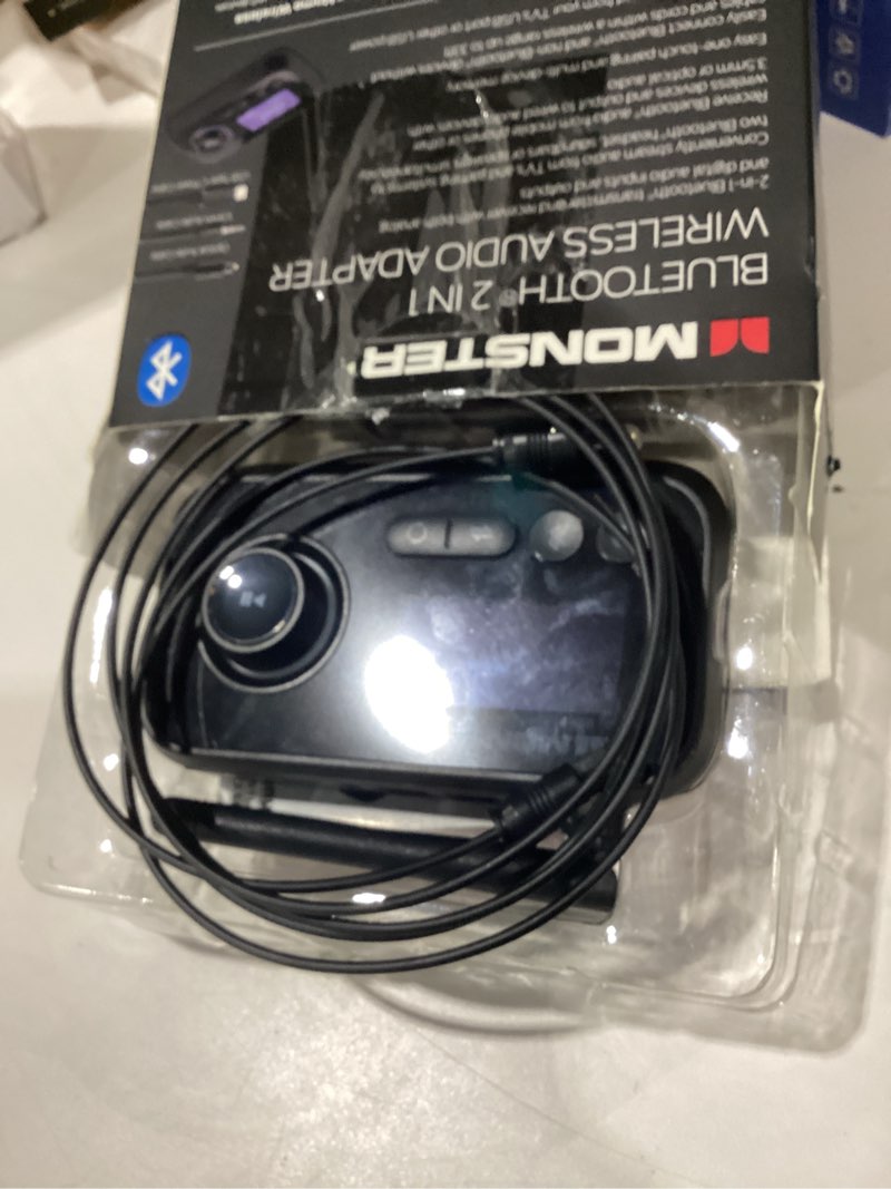 Condition photo showing Good Condition for used monster bluetooth transmitter & receiver, 2-in-1 bluetooth audio adapter, stream to/from nonbluetooth devices, stream tv to 2 headphones, 33 ft range, analog & digital, tv usb powered, 3.5mm aux port