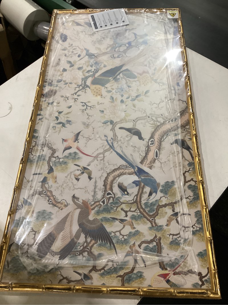 Condition photo showing New/Like New for vintage framed chinoiserie vertical living room wall art, retro neutral floral bird peacock artwork for walls, canvas print with bamboo-style frame for bedroom hallway entryway wall decor, 20x40 inch 40"l x 20"w neutral