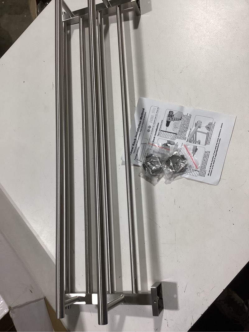 Condition photo showing New/Like New for bathroom towel rack, 28in bath towel shelf with double towel bar wall mount holder shelf, 304 stainless steel rustproof modern brushed finish towel racks for bathroom silver