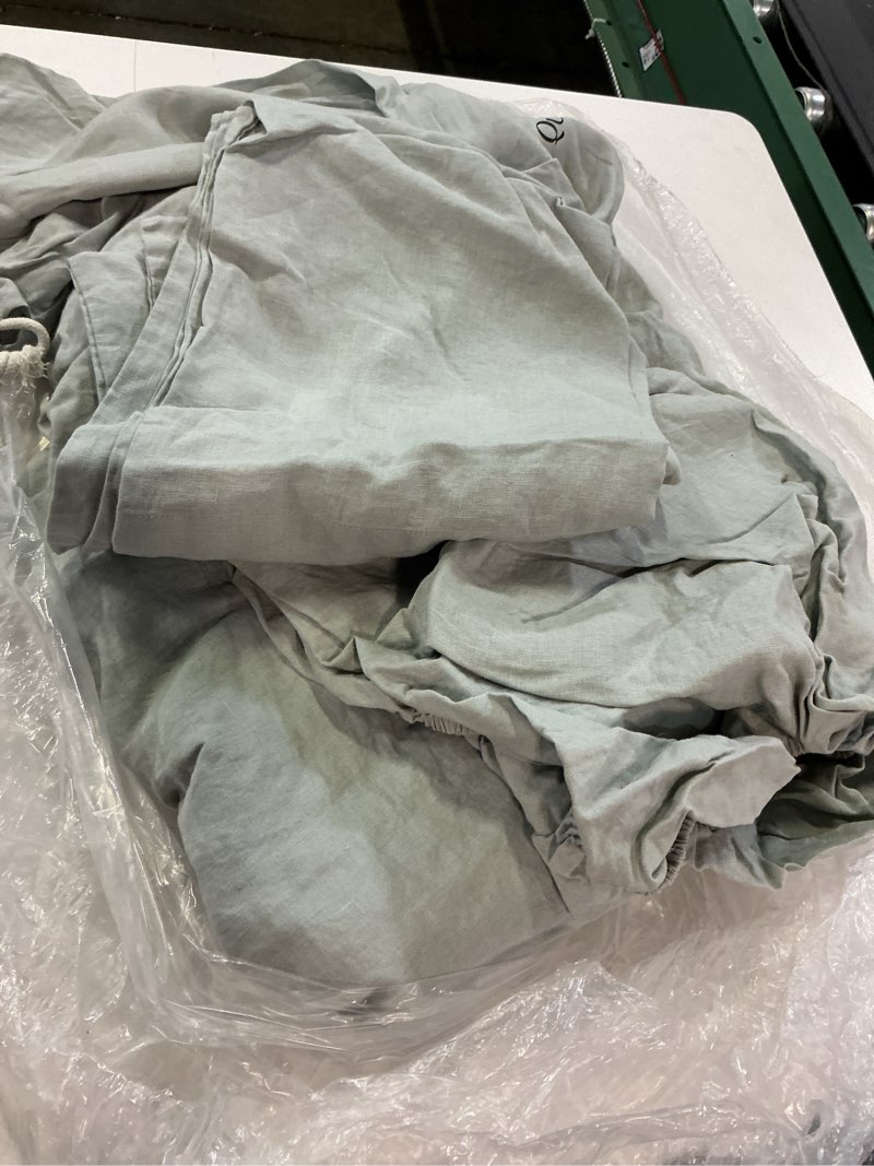 Condition photo showing As Is for european linen deluxe bedding bundle, queen, mist