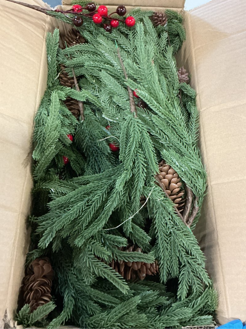 Condition photo showing Good Condition for Christmas Garland with LED Lights,9FT Artificial Real Tough Garland,100 LED Lights, Suitable for Fireplace, Wall, Staircase, Indoor and Outdoor Holiday Decoration Green