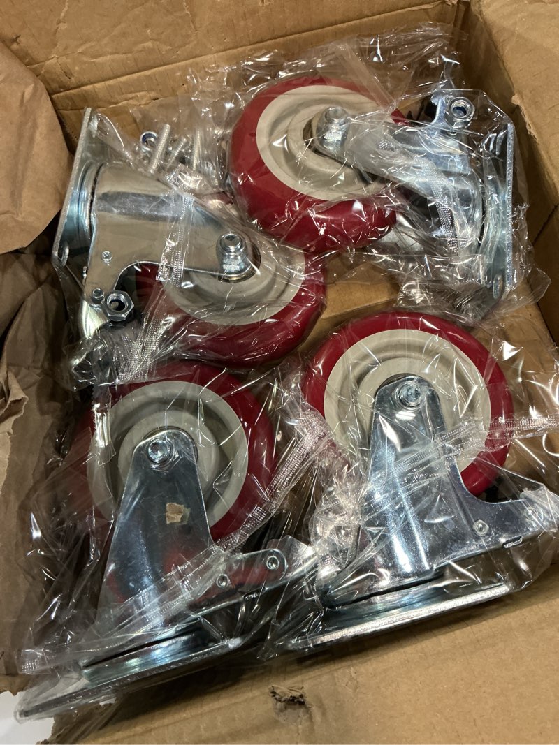 Condition photo showing New/Like New for 4 inch casters set of 4 heavy duty with brakes,lockable 360-degree swivel plate caster wheels for furniture,table,cart,and workbench included screws,load 2200lbs