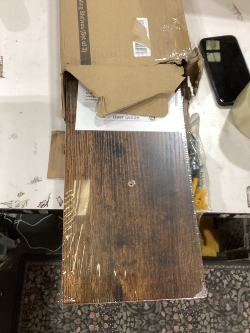 Condition photo showing Good Condition for BAYKA Floating Shelves for Wall, 22.5 Inch Rustic Wood Wall Mounted Shelving for Bathroom, Bedroom, Living Room, Kitchen & Book, Hanging Display Decor Shelf with 22 lbs (Rustic Brown,Set of 3)