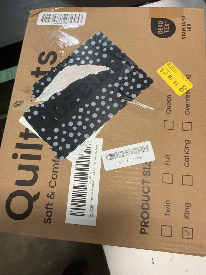 Condition photo showing New/Like New for love's cabin king size quilt bedding set light grey bedspreads - bed summer lightweight bedspread comforter - coin pattern bedding coverlet for all season - 3 pieces (1 quilt, 2 pillow shams) king (106"x96") coin pattern light grey