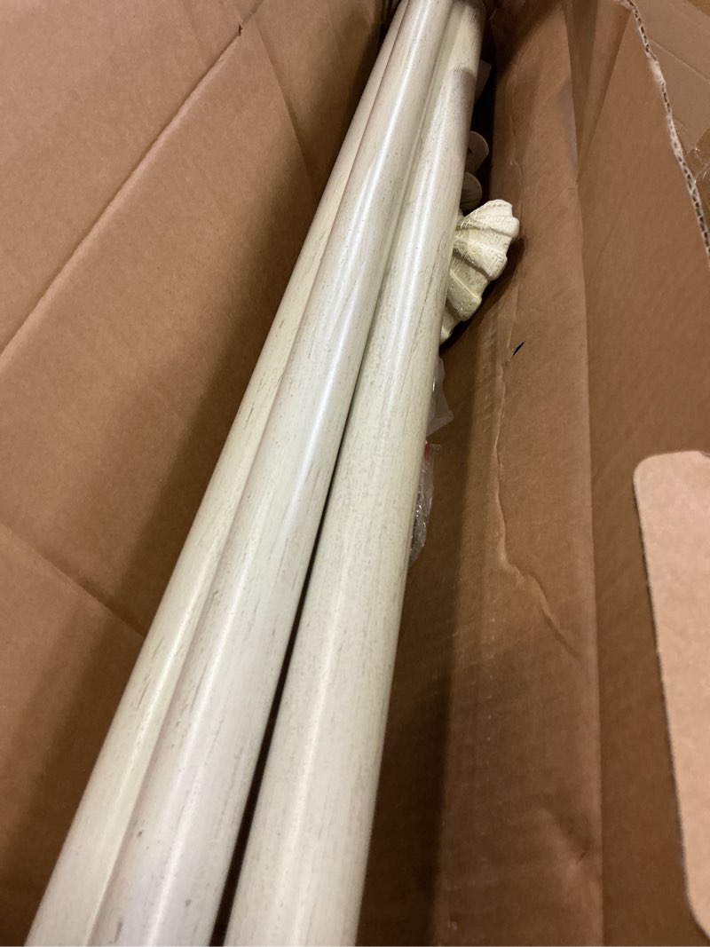 Condition photo showing Good Condition for mode coastal collection 1 1/8" diameter curtain rod set with coastal shell curtain rod finials and steel wall mounted adjustable curtain rod, fits 72” to 144” windows, weathered white
