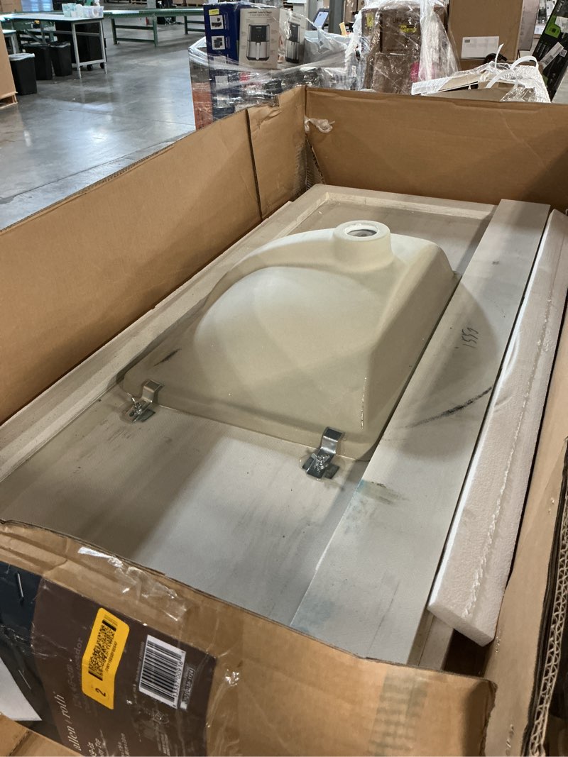 Condition photo showing As Is for allen + roth dolomiti bianco 49-in white sintered stone single sink bathroom vanity top