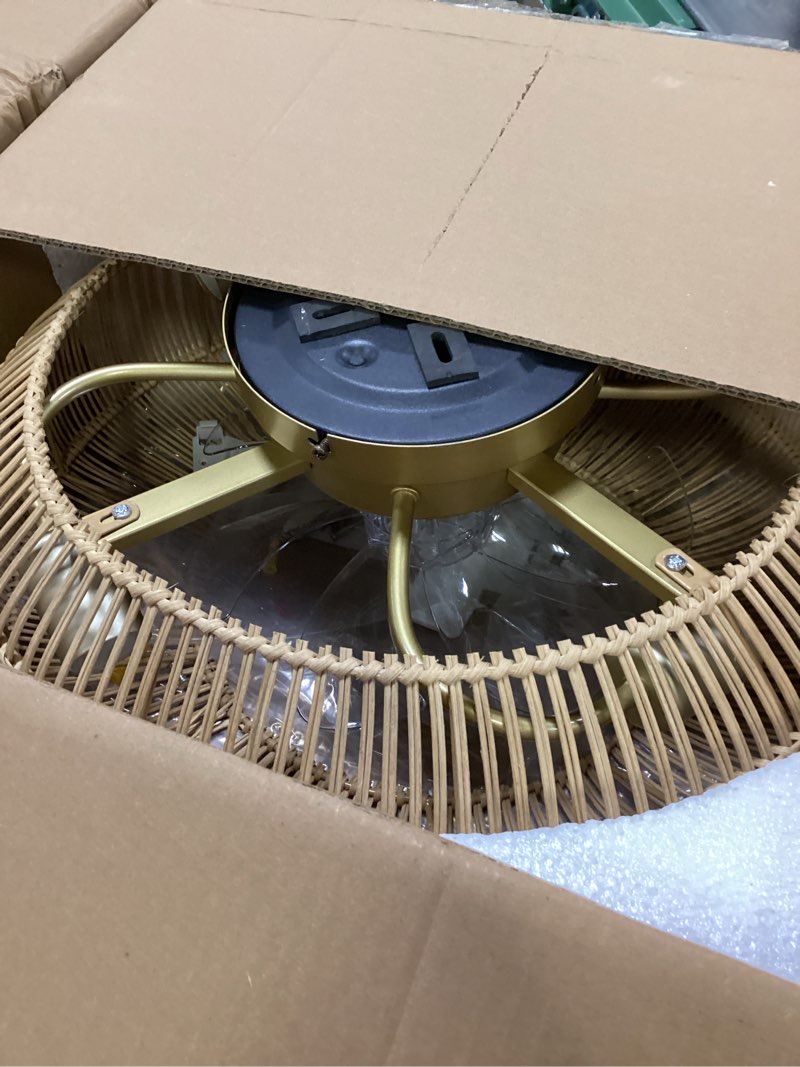 Condition photo showing Good Condition for 20" Boho Caged Ceiling Fan with Lights Flush Mount, Low Profile Rattan Ceiling Fans with Lights and Remote Control, Enclosed 6 Speeds for Bedroom, Living Room, Kitchen 20 Inch / Boho / Caged / Rattan / Flush Mount