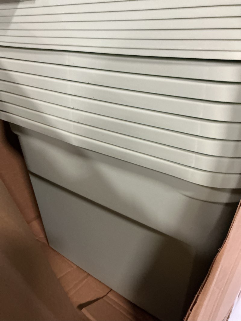 Condition photo showing New/Like New for sterilite 8 pack tote, plastic stackable storage bin container with lid, 18 gallon, mindful mint