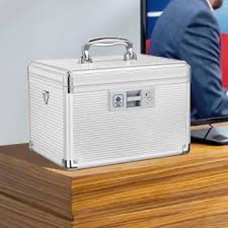 medicine lock box with key, alluminum alloy box for medication,first aid box with a removeable tray to store medicines & pills for home, silver 12 * 7.68 * 7.87 inch