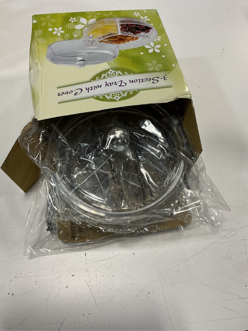 Condition photo showing New/Like New for huang acrylic 3-section divided serving dishes with lid | round snack and condiment tray with cover | multifunctional party snack tray for nuts, candies, fruit, and veggies