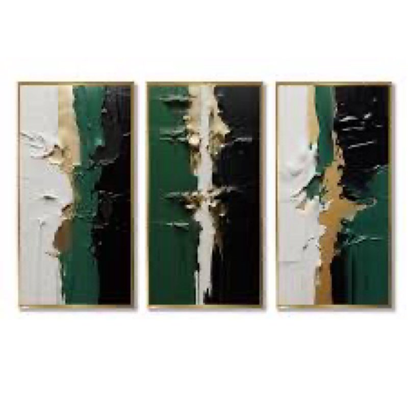 (Incomplete just 1) Golden Green And Black Ink Merge I - Abstract Painting Metal Wall Art Prints Set Of 3 Size: 32\" H x 48\" W
