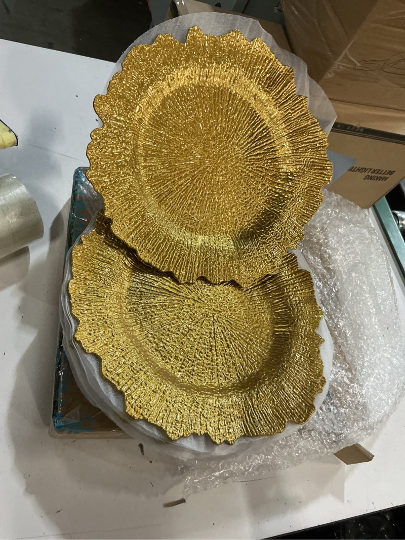 Condition photo showing New/Like New for jevergn 10 pack gold charger plates, 13'' reef chargers for dinner plates, gold plate chargers set of 10, round plastic charger for wedding, party event, dinner, table setting
