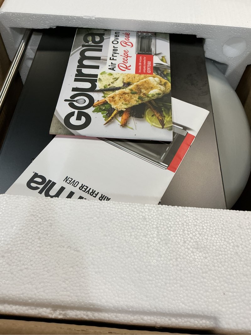 Condition photo showing As Is for Gourmia Air Fryer Toaster Combo - 6-in-1 Multi-function Countertop Oven Adjustable Temperature & Timer, Fry Basket, Baking Pan, Oven Rack & Pullout Crumb Tray, Stainless Steel