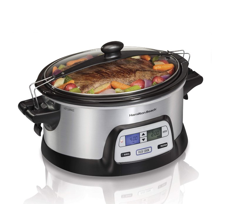 Hamilton Beach 33861 Portable Programmable Slow Cooker, Dishwasher Safe Crock, 6 Qt, FlexCook Dual Digital Timer/2 Heat Settings, Lid Lock for Easy Travel, Silver