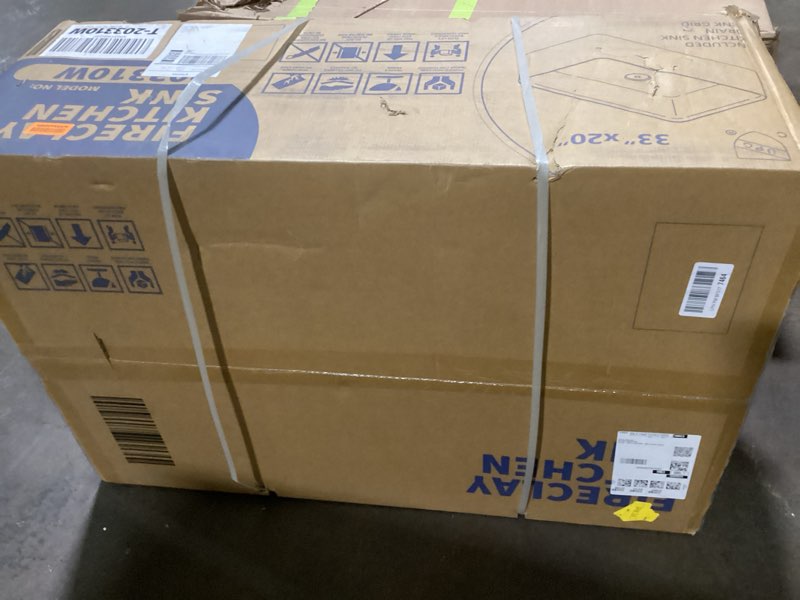 Condition photo showing As Is for TUKTUK White Farmhouse Sink 33X20 Fireclay Farm Sink for Kitchen Apron Undermount Kitchen Sink Single Bowl Big Capacity Deep Drop-in Modern Kitchen Sink with Luxury Bottom Grid & Strainer Drain 33"X20" Extra Wide White Kitchen Sink