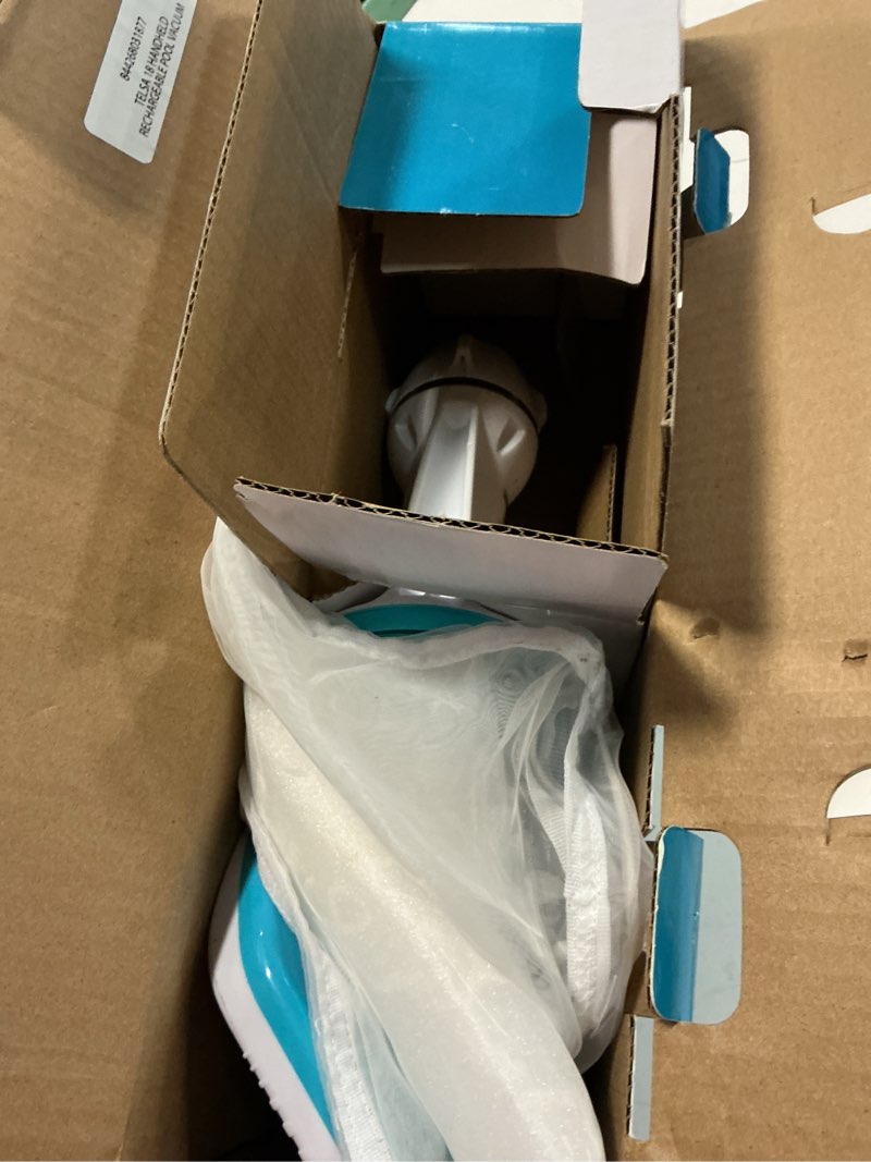 Condition photo showing As Is for kokido white and blue telsa 18 rechargeable pool vacuum