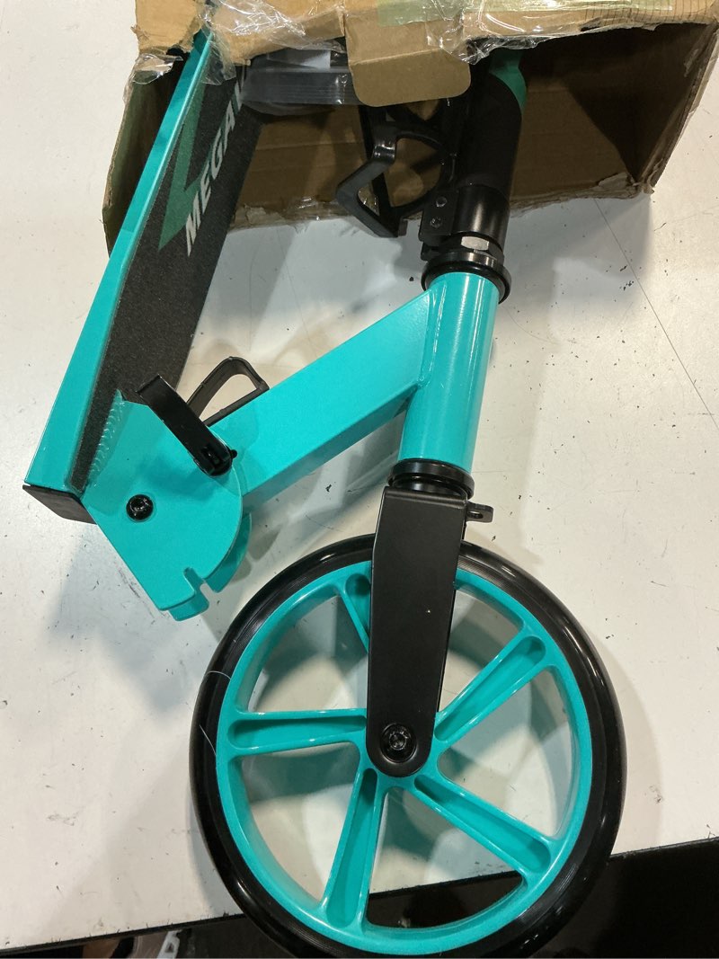 Condition photo showing Good Condition for foldable kick scooter for kids ages 6-12, teens & adults. non-electric scooter with big wheels, adjustable height, rear foot brake. lightweight design for daily commute & outdoor riding