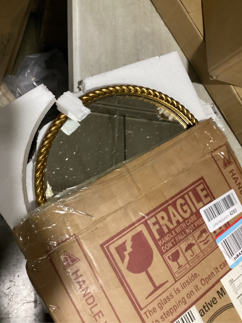 Condition photo showing As Is for gold oval mirror, 12"x24" hanging wall mirror with antique gold braided metal cord frame, modern distressed wall decor for bedroom, living room, entryway 24"l x 12"w