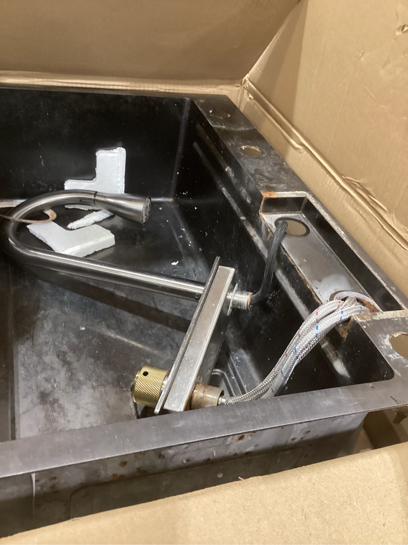 Condition photo showing As Is for artline stainless steel kitchen sink, drop in single bowl sink, topmount workstation sink with sliding accessories, farmhouse workstation sink with multiple accessories (26.8 x 17.7in) stainless steel 26.8 x 17.7in