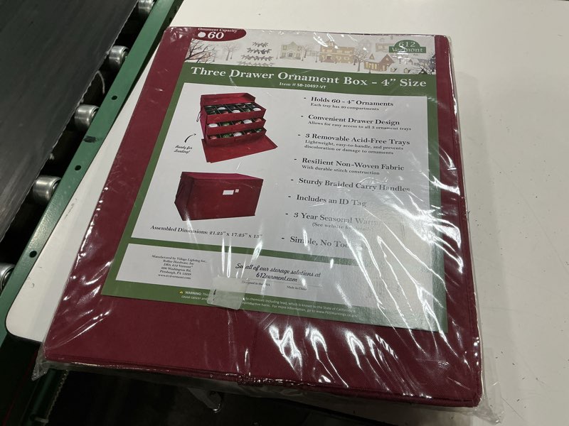 Condition photo showing New/Like New for 612 vermont christmas ornament storage box, holds 60-4 inch ornaments | adjustable acid-free dividers, 3 removable trays with handles, dimensions 21.25" w x 17.25" d x 13" h