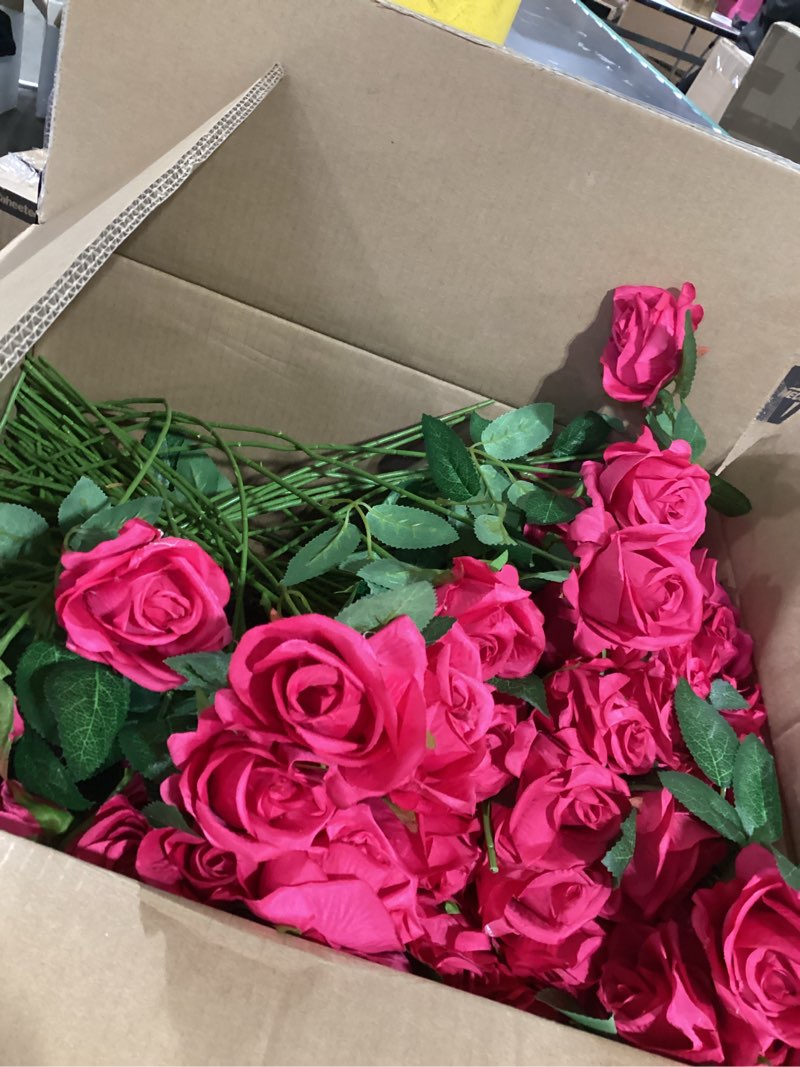 Condition photo showing As Is for 150 pcs roses artificial flowers,silk light hot pink artificial flowers fuchsia petals long stem roses for wedding bouquet home party decor light hot pink 150