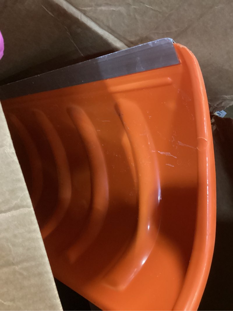 Condition photo showing As Is for Snow Pusher, 24-inch Wide Snow Shovel for Driveway, Snow Removal Tool for Car Garage, Sidewalks and Doorways, Snow Pusher Shovel with Ergonomic Grip and Aluminum Strip, Orange