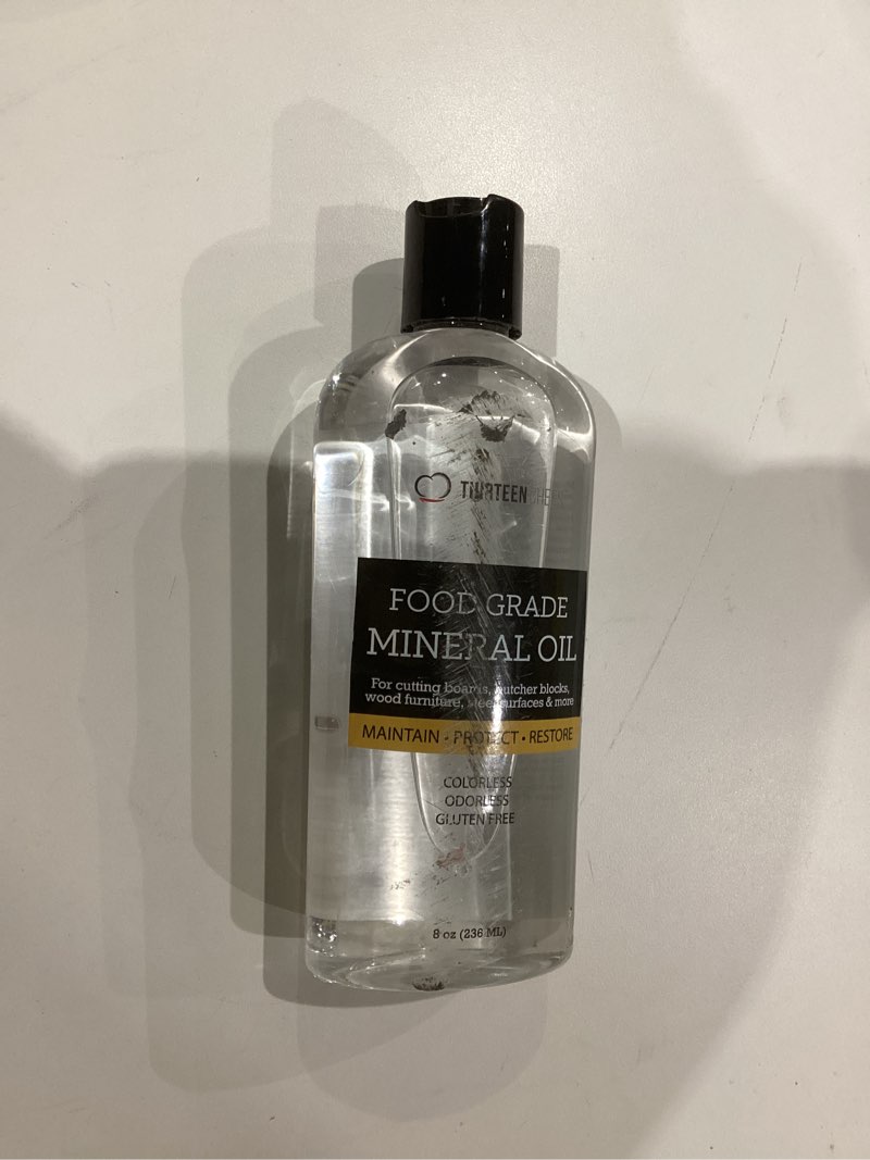 Condition photo showing New/Like New for Thirteen Chefs Mineral Oil - 8 oz Food Grade Conditioner for Wood Cutting Board, Countertop & Butcher Block, Lubricant for Knife or Meat Grinder - Safe USP Finish on Marble, Soapstone 8 Fl Oz