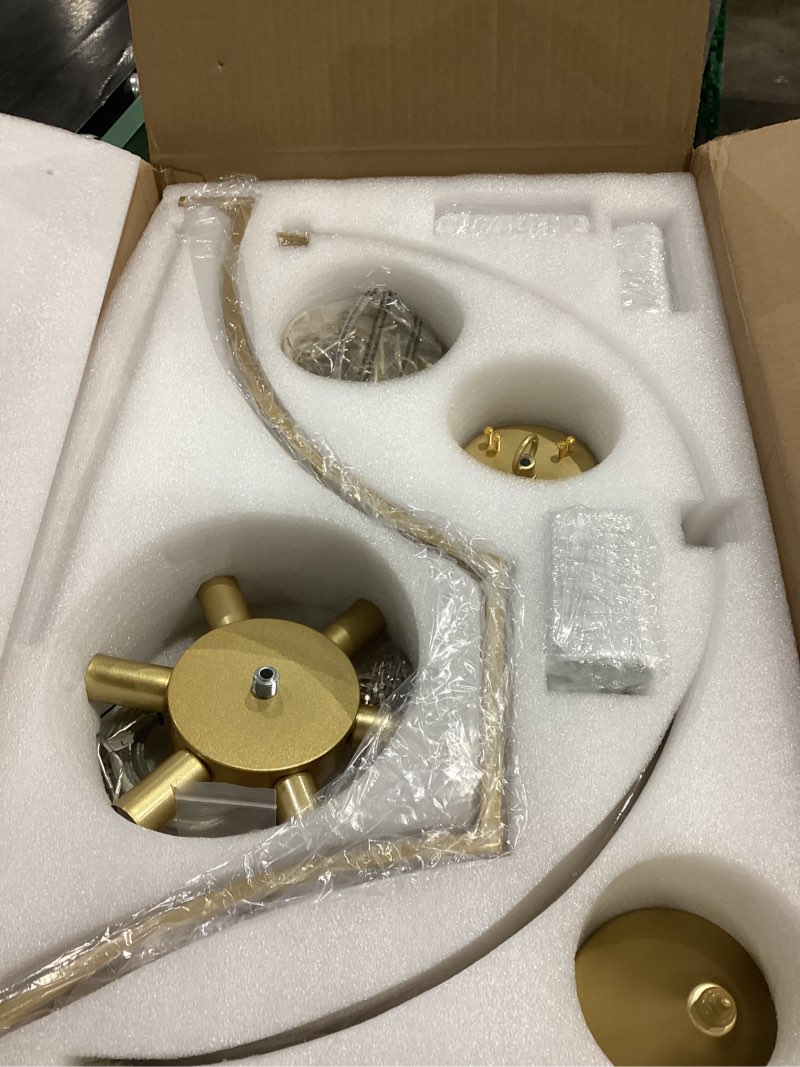 Condition photo showing Good Condition for crystal chandeliers for dining room 21.6" rustic farmhouse chandelier with round metal shade 6-light large gold dining room light fixture for kitchen, hallway, bedroom, foyer 21.6"-gold