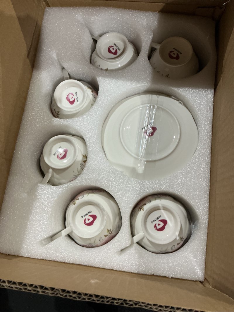Condition photo showing Good Condition for floral porcelain tea cup set of 6 (12-piece), 6 cups & 6 saucers with rose pattern, 6oz scalloped edge coffee cups, dishwasher & microwave safe, elegant gift pink