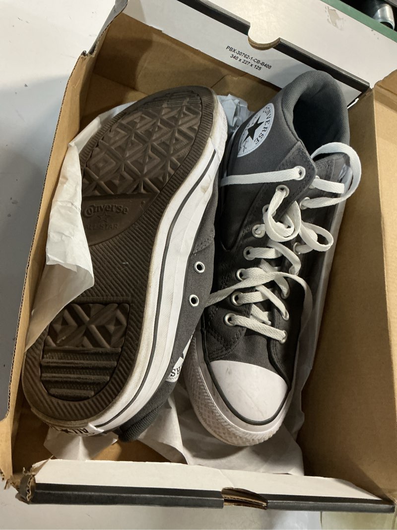 Condition photo showing As Is for converse unisex adult chuck taylor all star malden street mid top sneaker 14 women/12 men iron grey/white/black