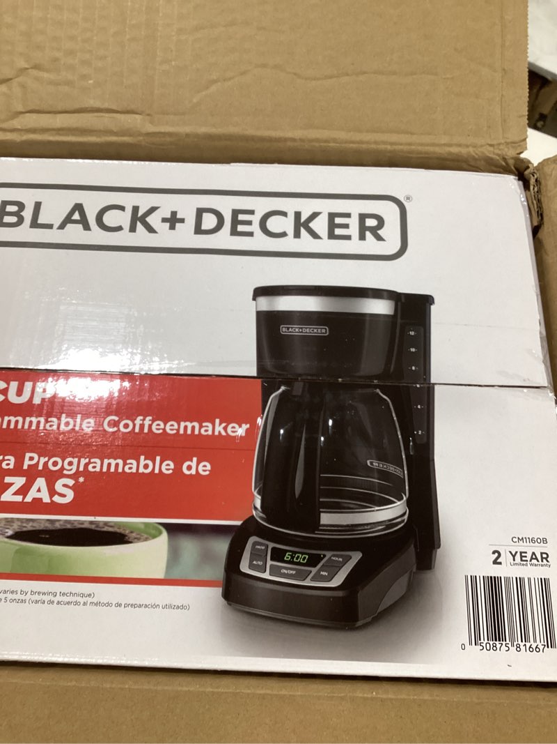 Condition photo showing New/Like New for BLACK+DECKER 12-Cup Digital Coffee Maker, Programmable, Washable Basket Filter, Sneak-A-Cup, Auto Brew, Water Window, Keep Hot Plate, Black Black Hot Brew