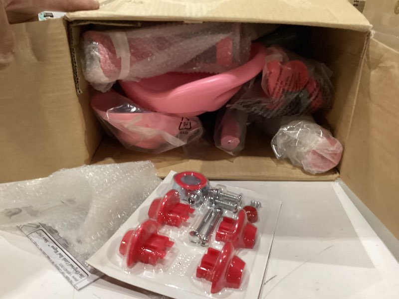 Condition photo showing New/Like New for radio flyer pink rider trike, ages 2.5-5, adjustable seat, steel construction, quiet ride wheels, storage bin, comfort grip handlebars, tricycle for toddlers, amazon exclusive