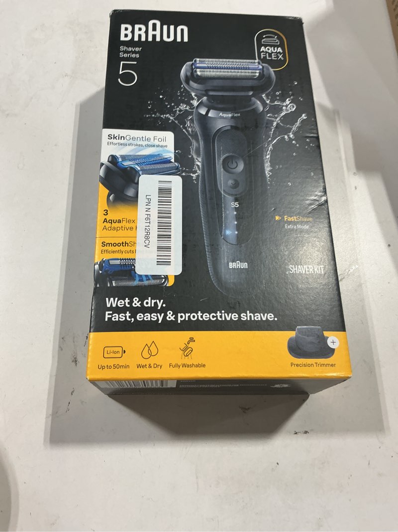 Condition photo showing Good Condition for braun series 5 electric shaver for men, wet & dry foil razor, precision trimmer attachment, body groomer attachment, charging stand, travel case, black 5155cs