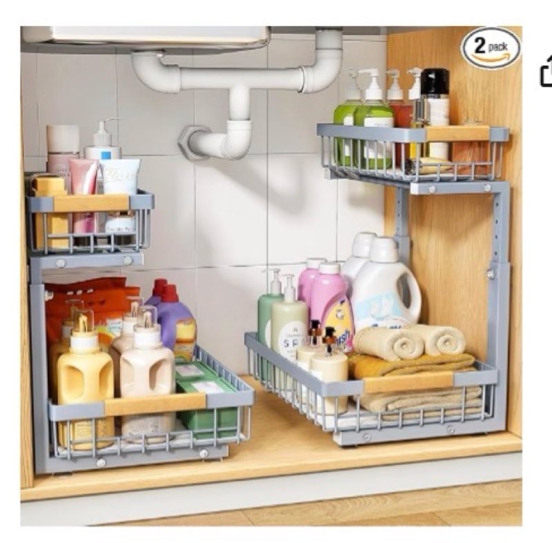 pxrack under sink organizer, adjustable height, 2 tier pull out under cabinet organizer, slide out thickened metal under sink storage for kitchen bathroom laundry pantry cabinet, grey, large-2-pack large-2-pack grey