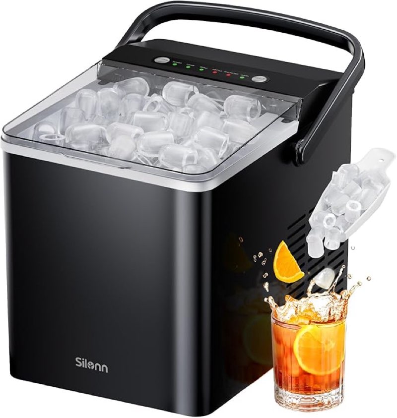 Silonn Portable Ice Maker, Ice Maker Countertop with Carry Handle, Self-Cleaning 1.8L Water Tank Large Ice Basket, Ice Machine Produces 9 Cubes in 6 Min Perfect for Home Kitchen and RV