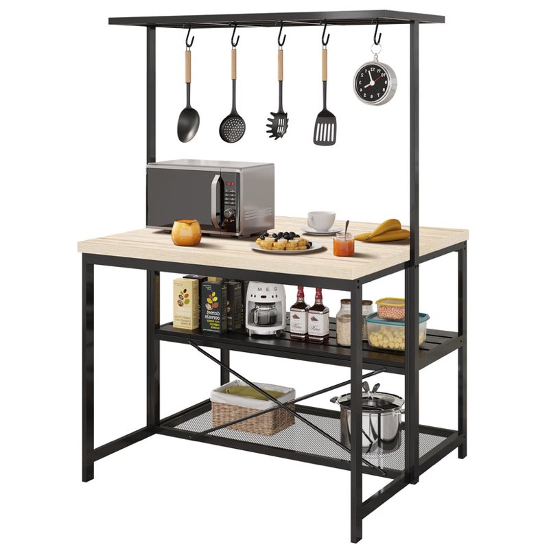 Garvee 42" Large Kitchen Island Bakers Rack Microwave Oven Stand Kitchen Shelf with 3 Tier Storage, Metal Coffee Bar Table,Kitchen Storage Shelf for Dining Living Room, 5 Hooks