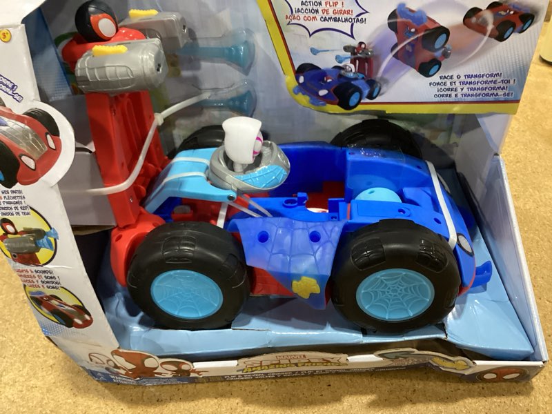 Condition photo showing New/Like New for jazwares marvel spidey and his amazing friends team spidey flip and reveal cruiser - 11-inch double-sided vehicle with lights, sounds, and web blast launchers