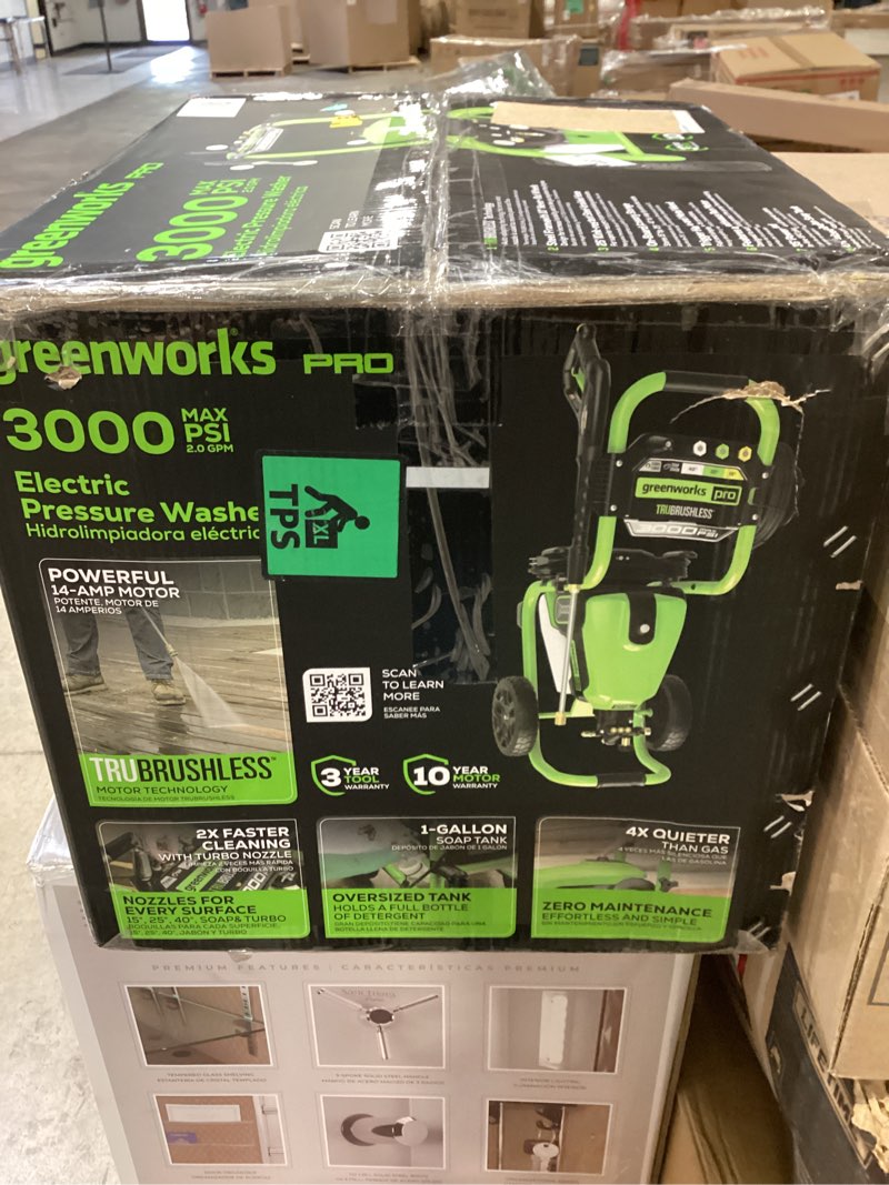Condition photo showing As Is for greenworks pro brushless 3000 psi (csa certified) 2.0 gpm max / 1.1 gpm electric pressure washer (rugged steel frame, 25 ft hose, 35 ft gfci power cord)